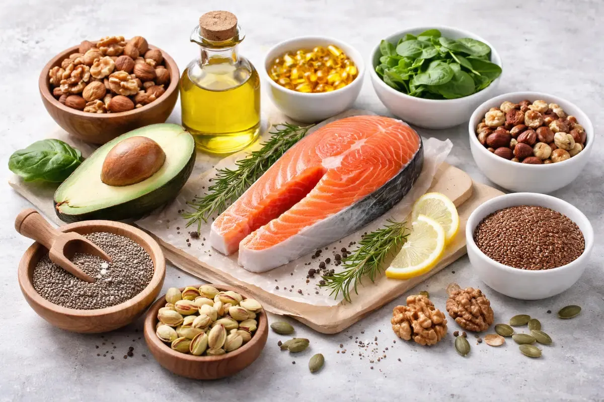 Łosoś, awokado, orzechy, nasiona i oliwa &ndash; bogactwo zdrowych tłuszcz&oacute;w na talerzu.