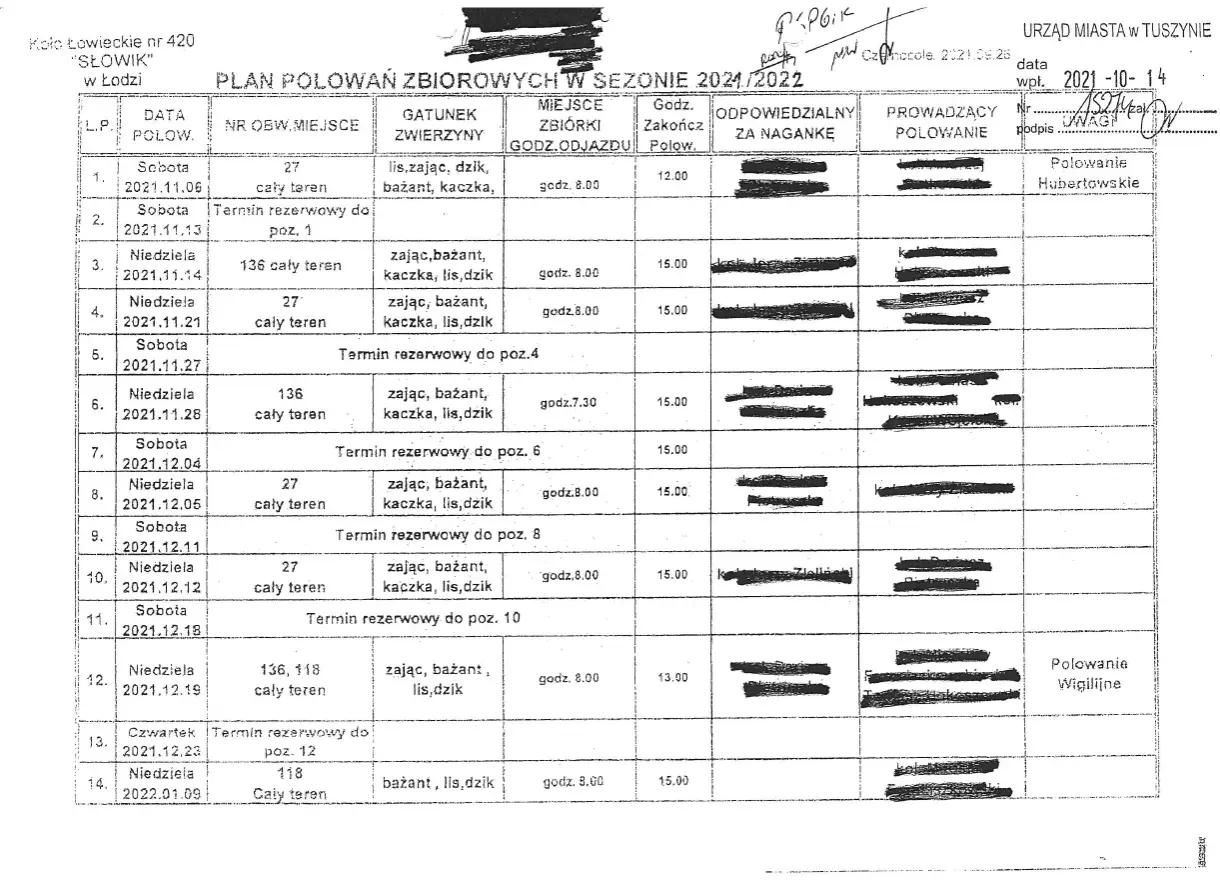 Plan polowań zbiorowych. Czy myśliwy może polować na prywatnym terenie? Dokument zawiera daty, gatunki zwierząt i miejsca polowań.