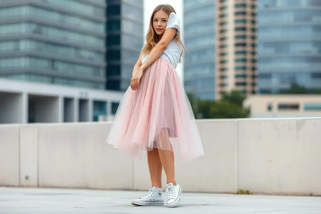 tiulowa sp&oacute;dnica stylizacja casual t-shirt trampki