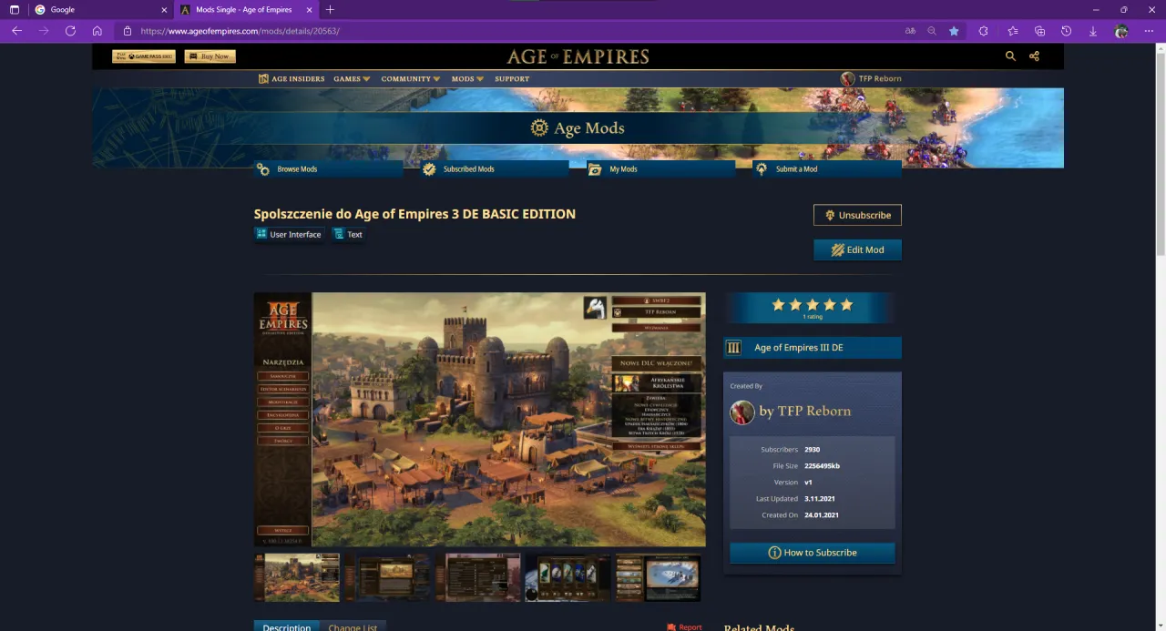 Spolszczenie do Age of Empires 3 DE. Strona z modami, prezentująca grafikę z gry i informacje o pobieraniu.