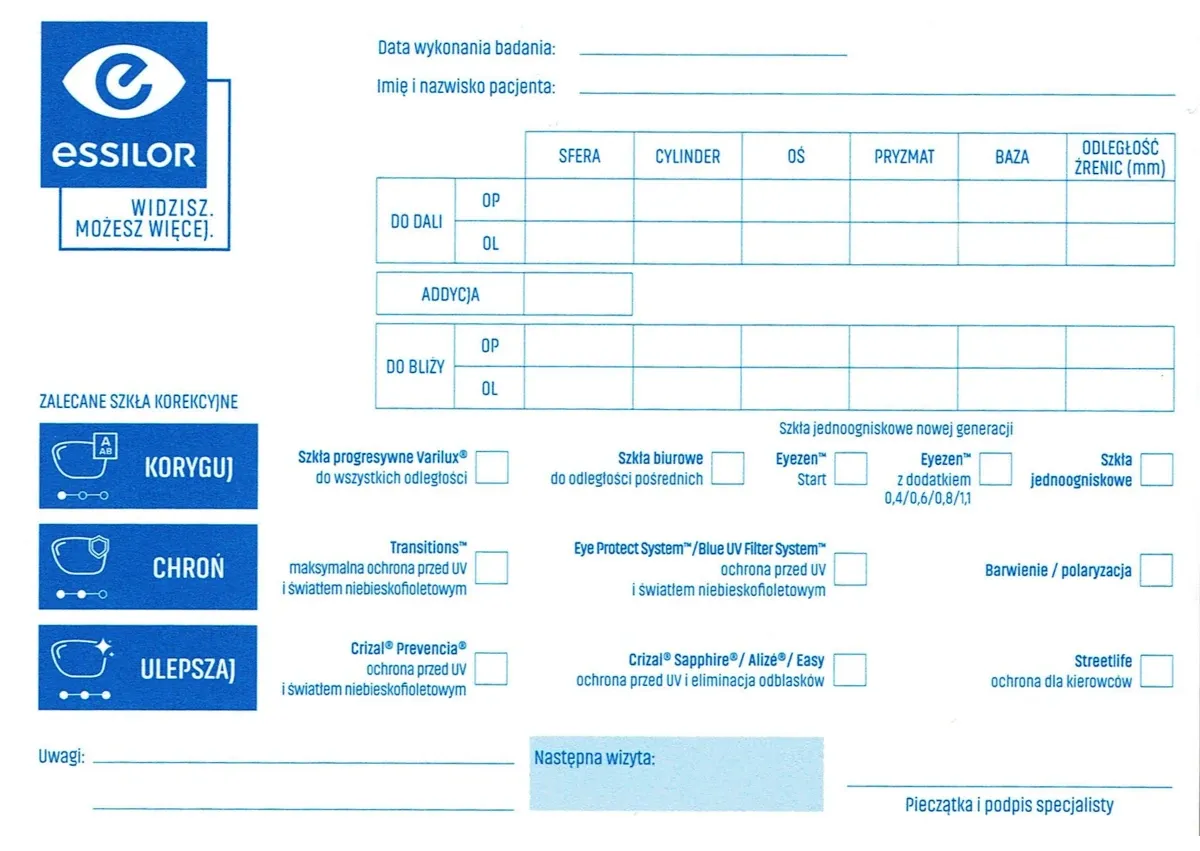 przykładowa recepta okularowa z zaznaczonymi polami