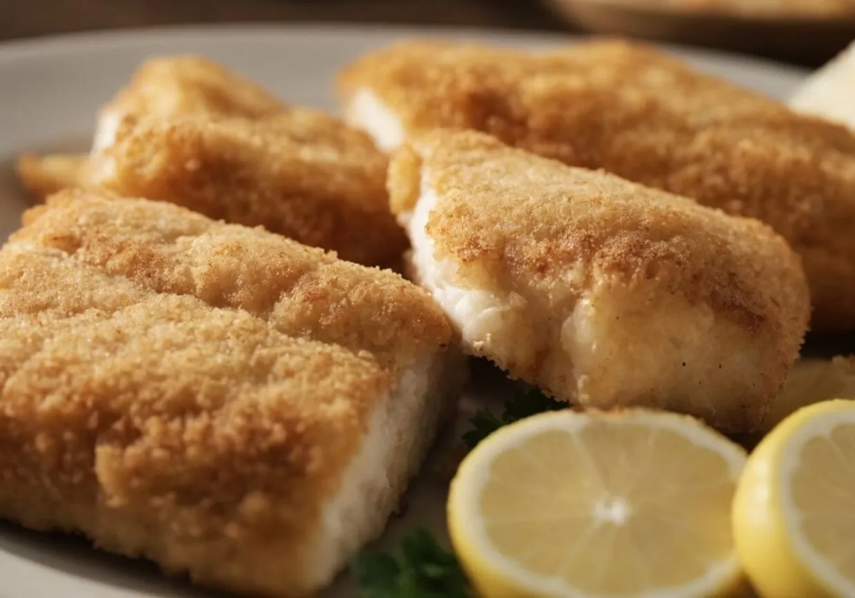 Chrupiąca ryba w panko, podana z cytryną i natką pietruszki. Idealna na obiad.