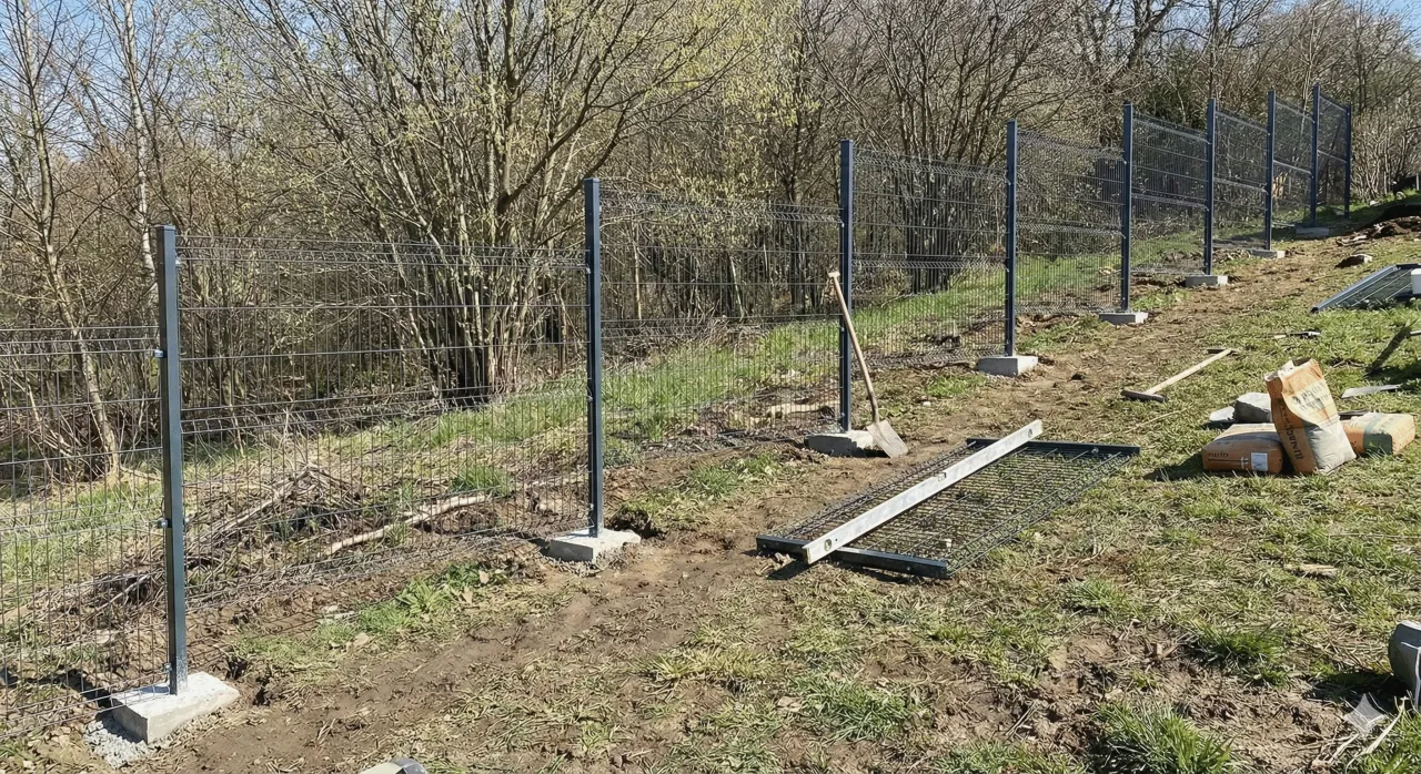 Trwa montaż ogrodzenia panelowego. Widać słupki, panele, łopatę i cement.