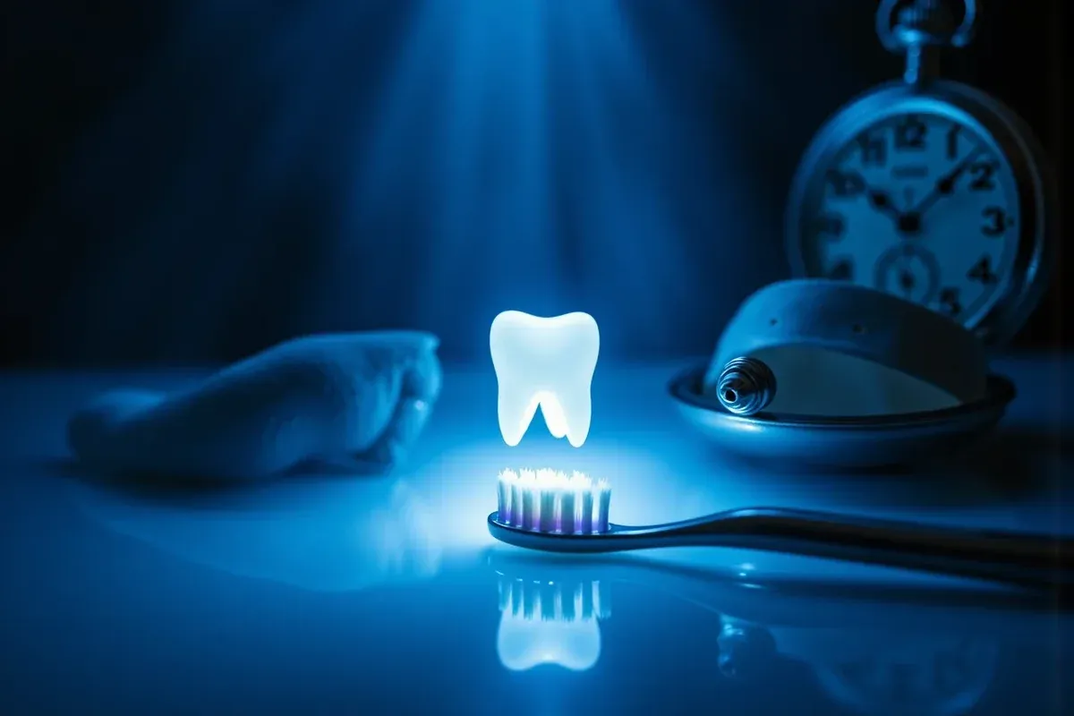Niebieskie światło oświetla szczoteczkę do zębów, pastę i świecący ząb. Czy powinno się płukać zęby po umyciu? Czas pokaże.