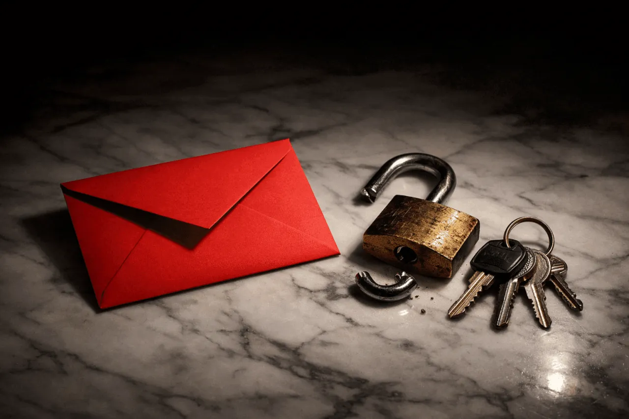 Czerwona koperta, otwarty kłódka i klucze. Szukasz miejsca, gdzie dostanę pożyczkę bez sprawdzania baz?