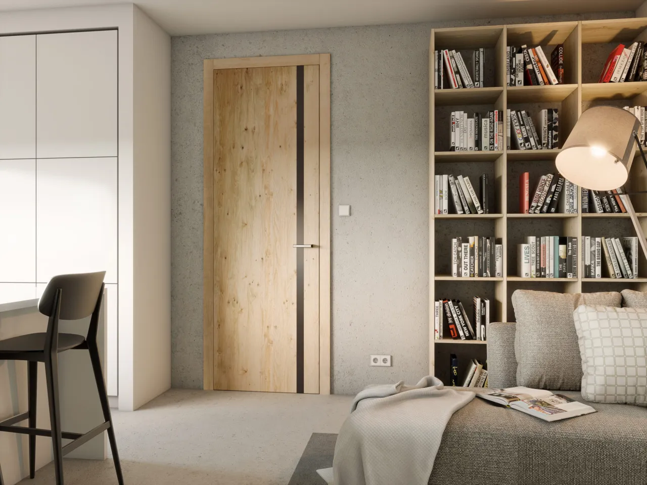 Katalog kolor&oacute;w drzwi wewnętrznych dąb podłoga szare ściany