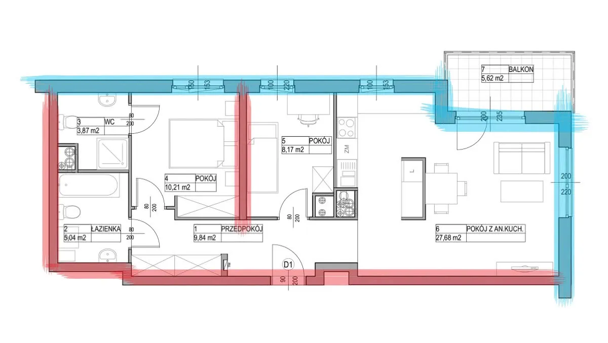 przekr&oacute;j instalacji w ścianie mieszkania deweloperskiego