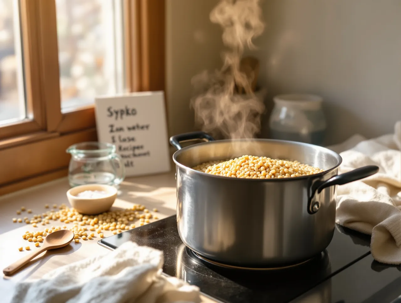 Gotowanie kaszy jęczmiennej na kuchence. Na blacie stoi garnek z kaszą, obok miseczka z solą i drewniana łyżka. W tle widać notatkę z przepisem: 