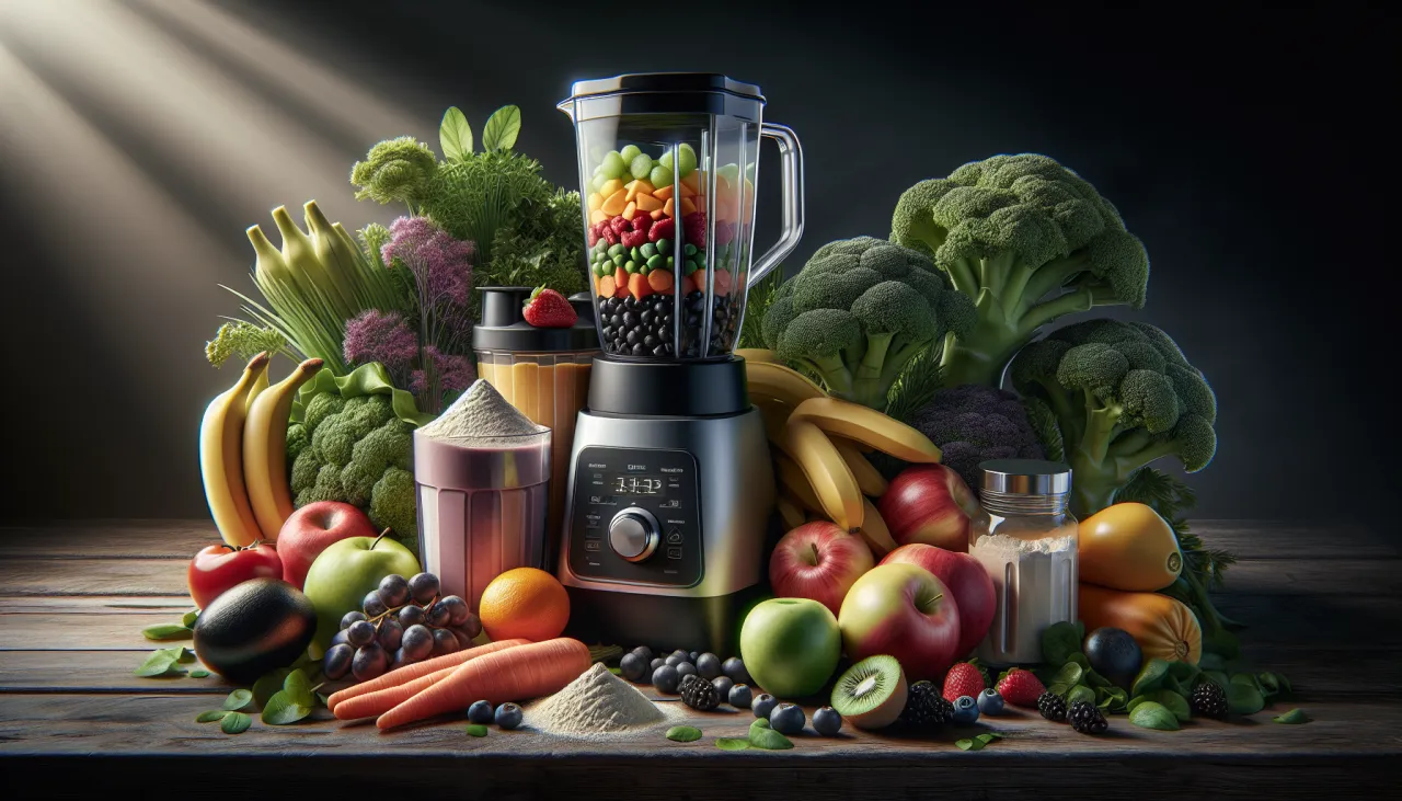 Wszystkie składniki do zdrowej dieta koktajlowa: blender, owoce, warzywa, białko w proszku i nap&oacute;j.