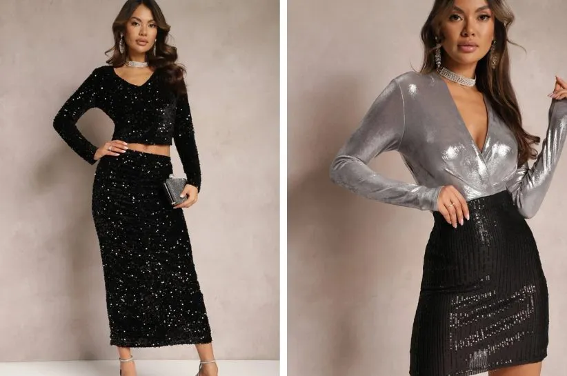 cekinowa spódnica stylizacje casualowe