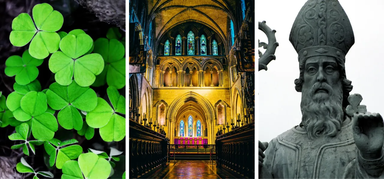 Trzy koniczyny, wnętrze katedry i kamienna rzeźba biskupa – elementy nawiązujące do legendy o św. Patryku.