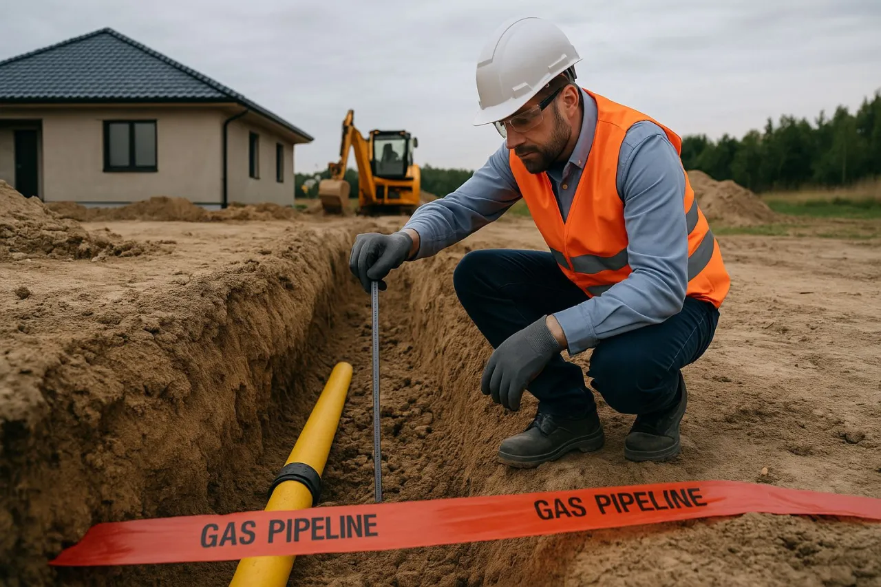 układanie rury gazowej w wykopie z taśmą ostrzegawczą