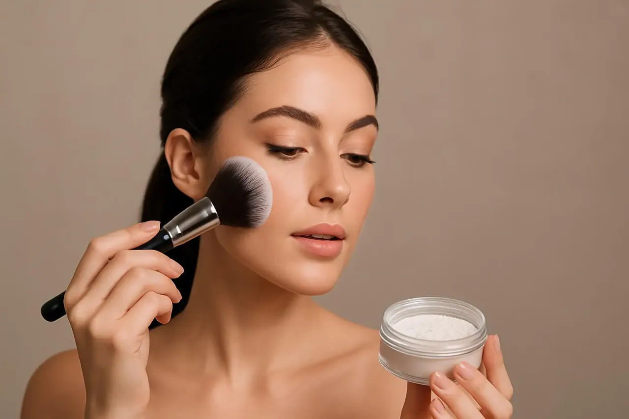 Aplikacja pudru na suchą cerę pędzlem i gąbeczką