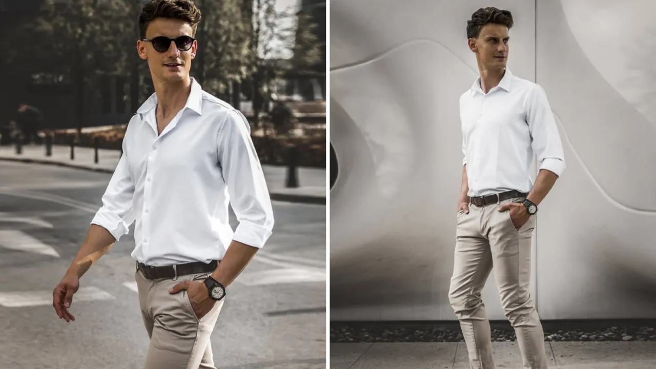 Inspiracje męskie stylizacje jasne spodnie koszula