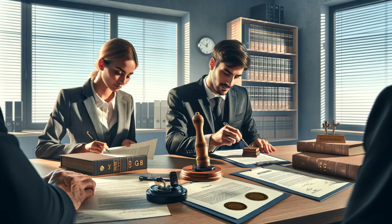 Prawnicy analizują dokumenty przy biurku. W tle regały z książkami. To może być spotkanie dotyczące założenia sp&oacute;łki, czyli gmbh co to jest.