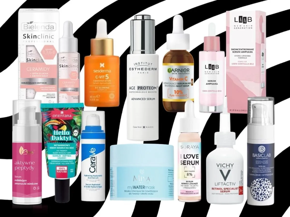 Kolekcja kosmetyk&oacute;w: serum przed czy po maseczce? R&oacute;żne marki i rodzaje produkt&oacute;w do pielęgnacji twarzy, w tym serum z ceramidami, witaminą C i kwasem hialuronowym.
