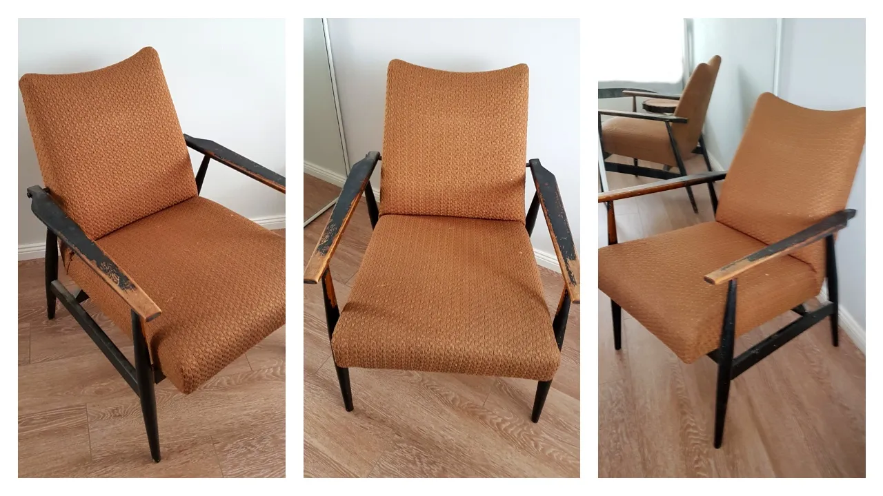 renowacja tapicerki fotela prl przed po
