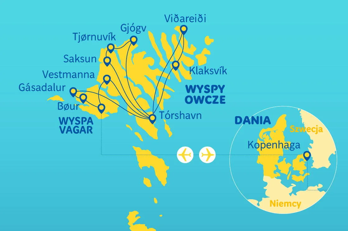mapa lot&oacute;w Polska Wyspy Owcze Kopenhaga