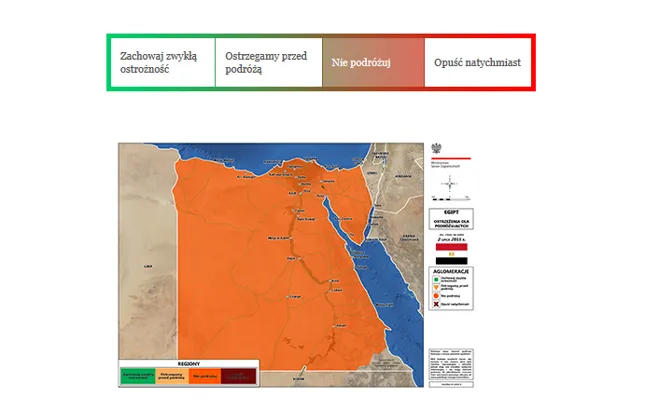 Mapa Egiptu z zaznaczonymi strefami bezpieczeństwa MSZ