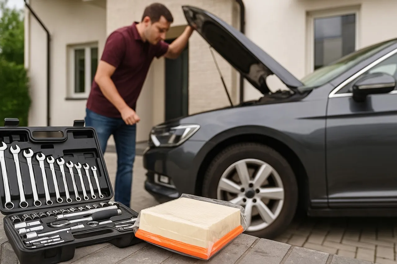 Mężczyzna przygotowuje się do wymiany filtra powietrza w samochodzie. Obok leży nowy filtr i walizka z narzędziami.