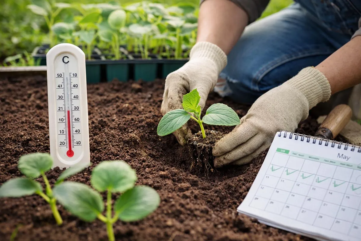 Ręce w rękawiczkach sadzą młodą roślinę og&oacute;rka. Obok termometr i kalendarz z zaznaczonym majem, wskazujące idealne warunki do uprawy og&oacute;rk&oacute;w.