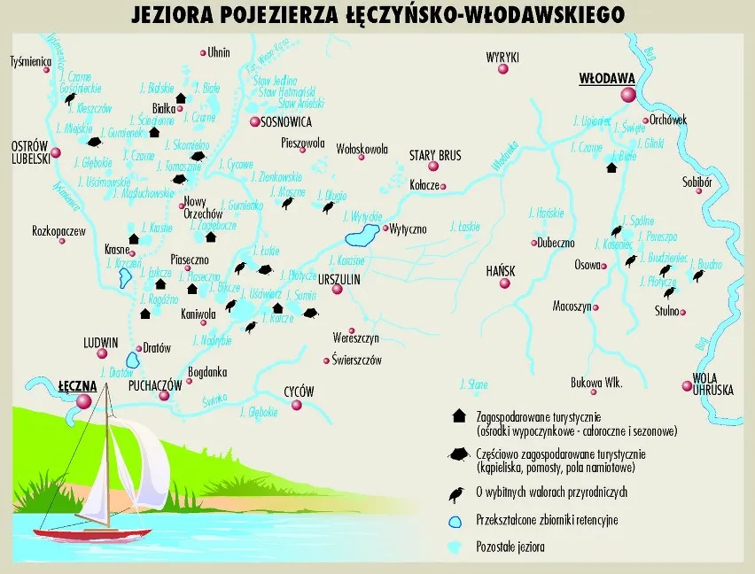 Mapa Pojezierza Łęczyńsko-Włodawskiego z zaznaczonymi jeziorami