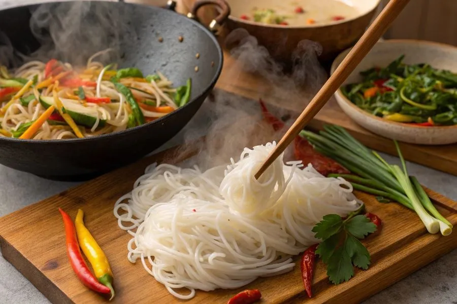 Różne rodzaje makaronu ryżowego (cienkie nitki, wstążki)