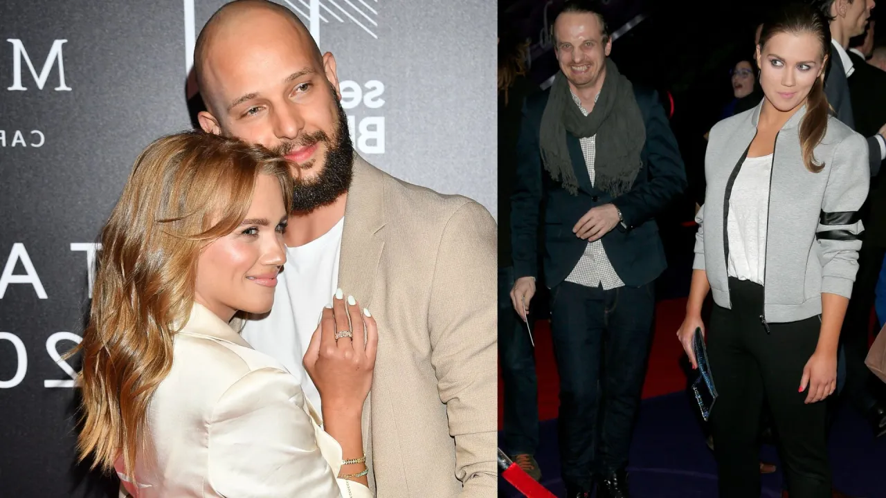 Agnieszka Kaczorowska z partnerem na ściance. Obok niej stoi mężczyzna, a po prawej stronie widać inną kobietę.