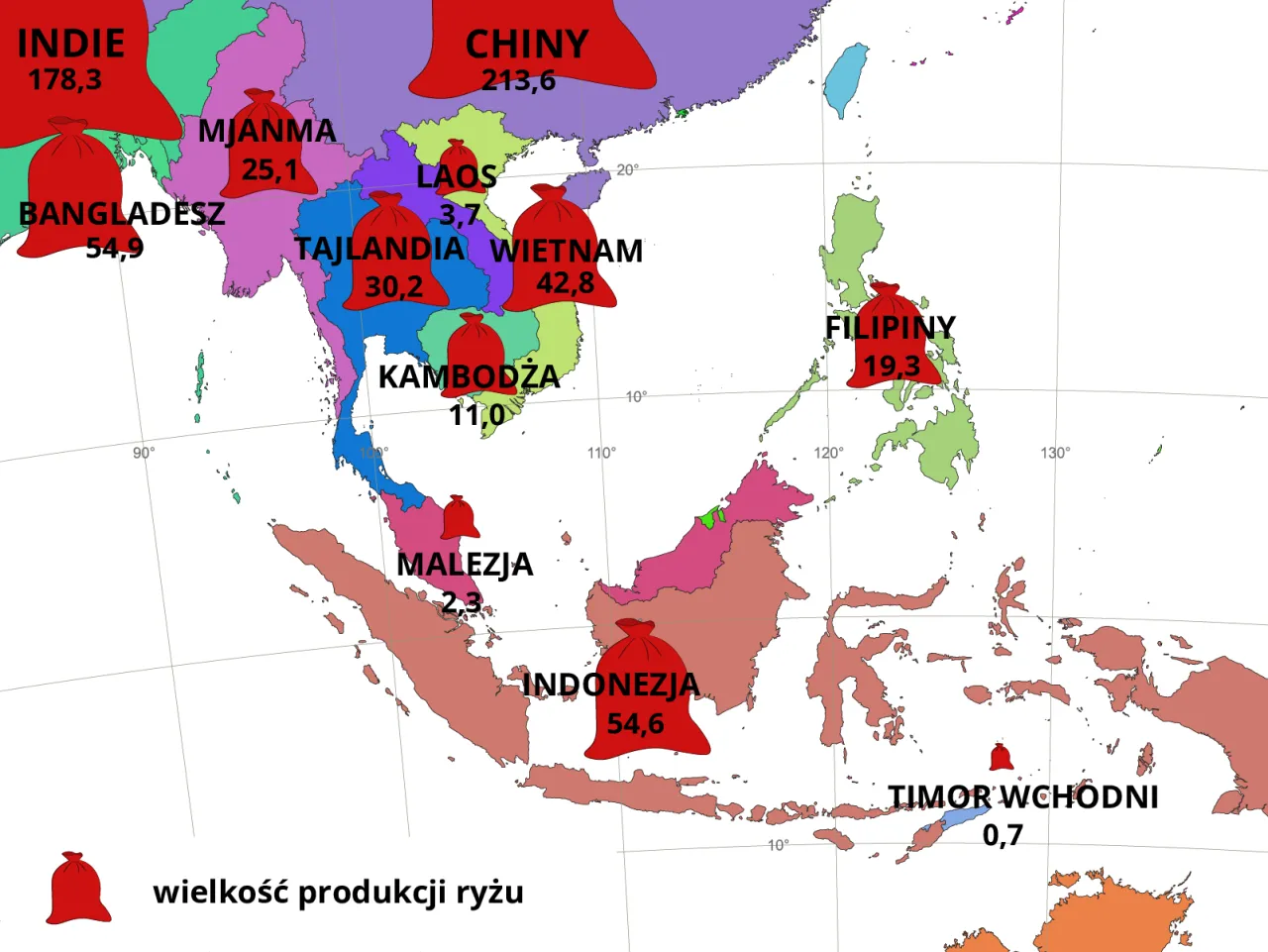 Mapa Azji Południowo-Wschodniej pokazuje, gdzie leży Tajlandia (30,2 mln ton produkcji ryżu), obok Wietnamu i Kambodży.