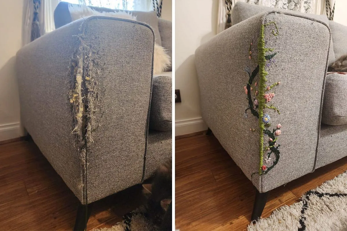 zniszczona kanapa przez kota, tkaniny obiciowe nieodpowiednie dla kota