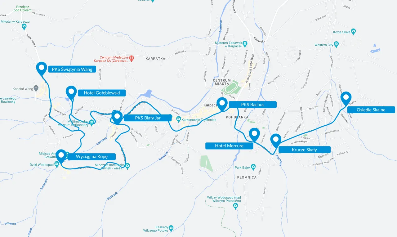 Mapa pokazuje trasę autobusową w Karpaczu, kt&oacute;ra pomoże Ci dowiedzieć się, jak dojechać do Karpacza pociągiem, a następnie przesiąść się na autobus.