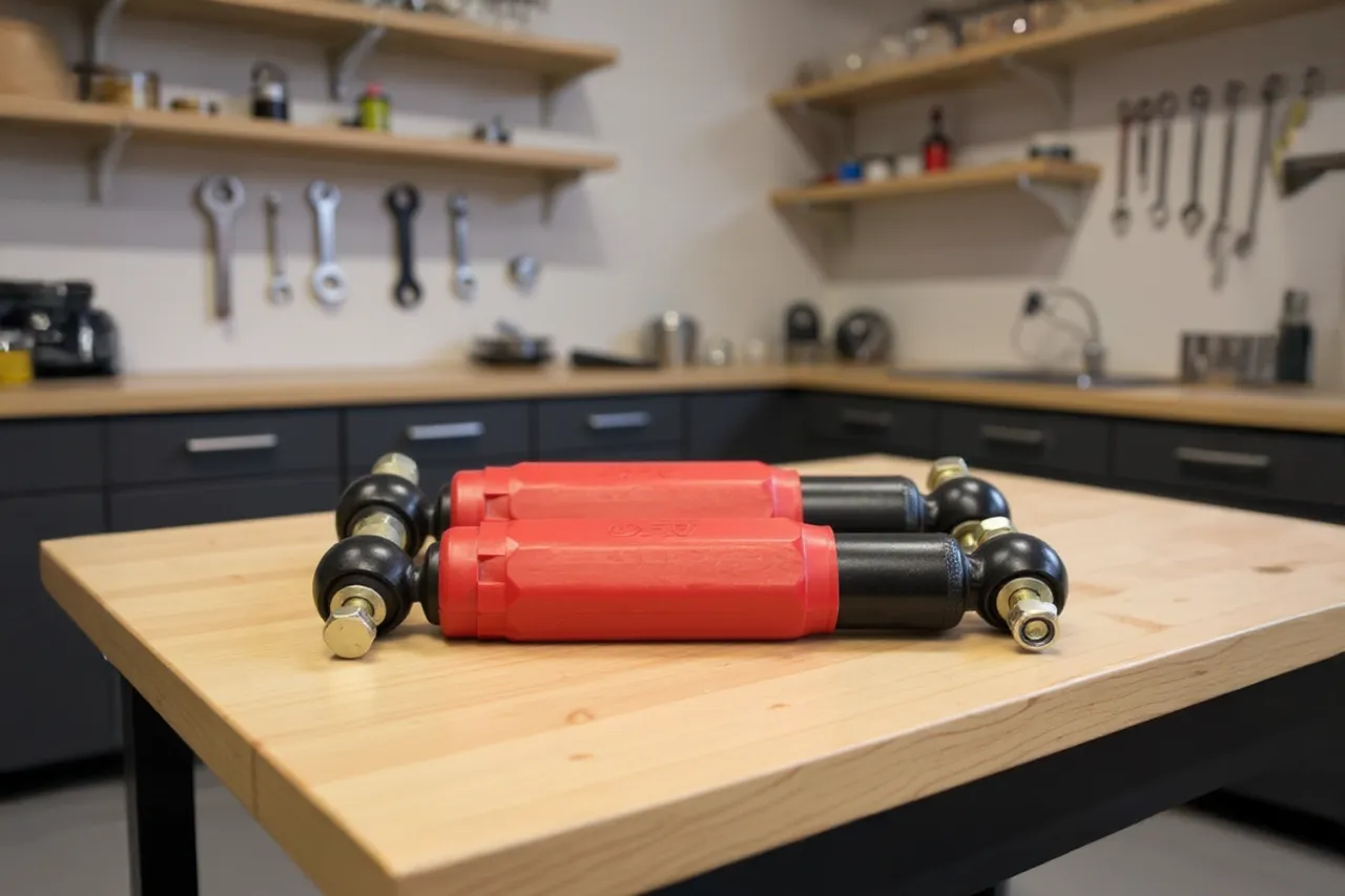 Dwa czerwone amortyzatory z czarnymi elementami, gotowe do montażu do przyczepki.