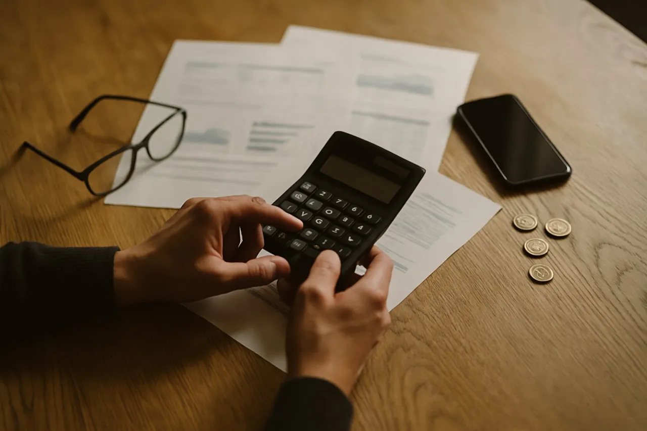 Ręce liczą na kalkulatorze, planując kiedy nowe lokaty w PKO BP. Obok dokumenty, okulary, telefon i monety.