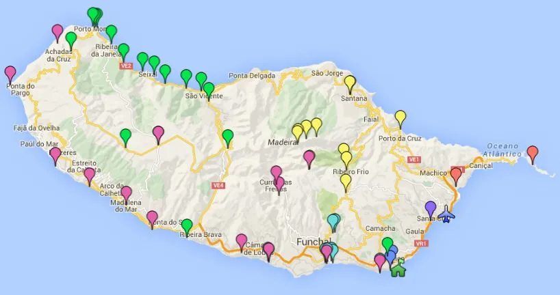 Mapa Madery z zaznaczonymi trasami komunikacji publicznej
