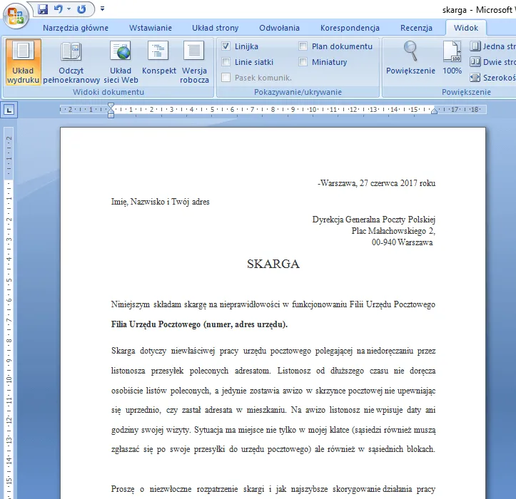 przykładowa skarga na pracownika wzór pismo