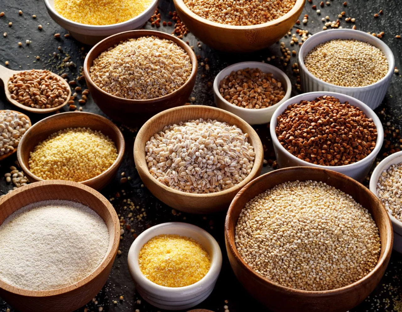 różne rodzaje kasz w miseczkach