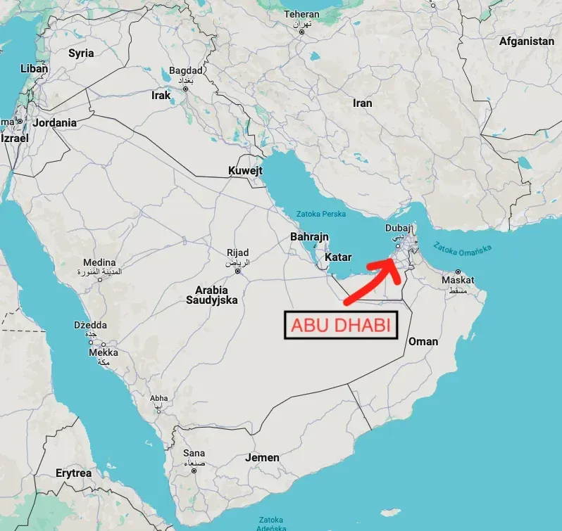Mapa Zjednoczonych Emiratów Arabskich z zaznaczonym Dubajem i Abu Zabi
