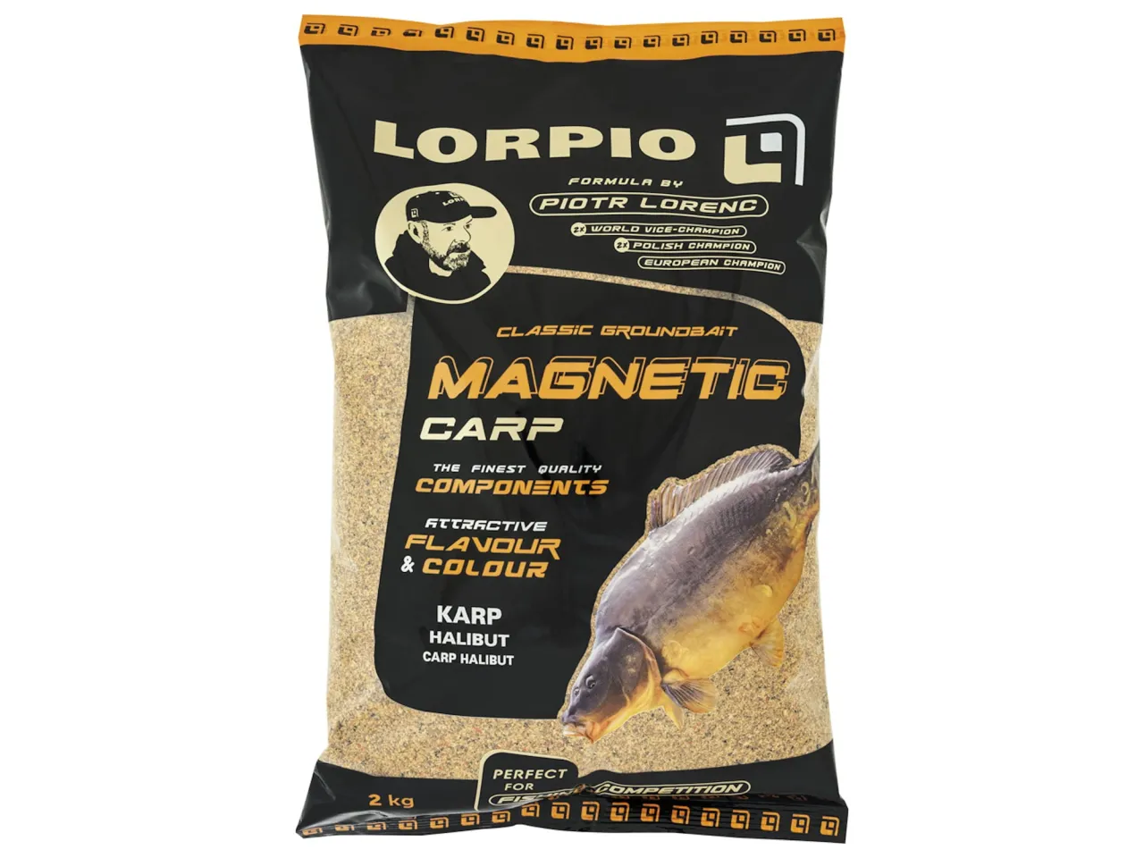 Zanęta Lorpio Magnetic Carp z aromatem halibuta, idealna na karpie i inne ryby karpiowate.