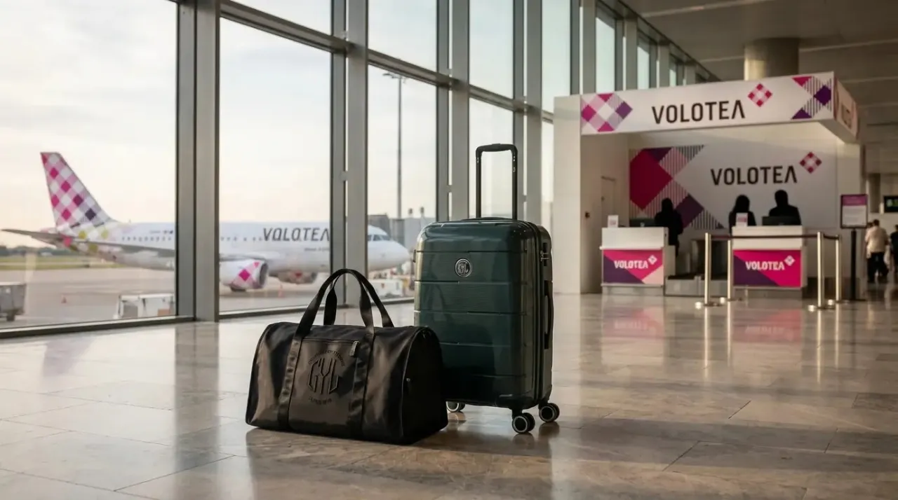 valise sur un tapis de pesée à l'aéroport Volotea