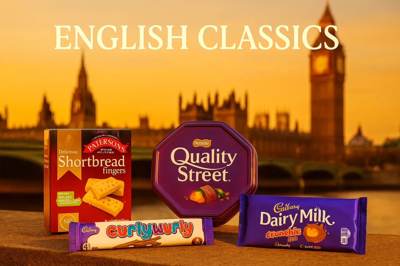 Co warto przywieźć z Anglii? Słynne brytyjskie słodycze: Shortbread Fingers, Quality Street, Cadbury Dairy Milk i Curly Wurly.