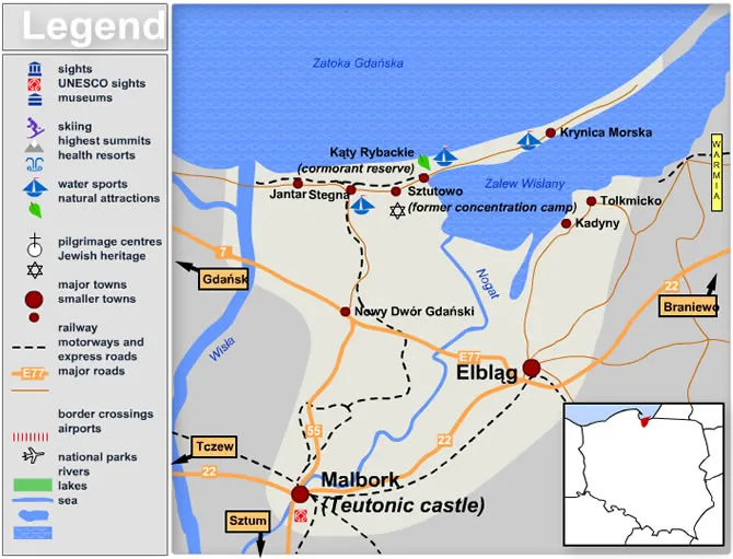 Mapa Polski z zaznaczoną Krynicą Morską na Mierzei Wiślanej