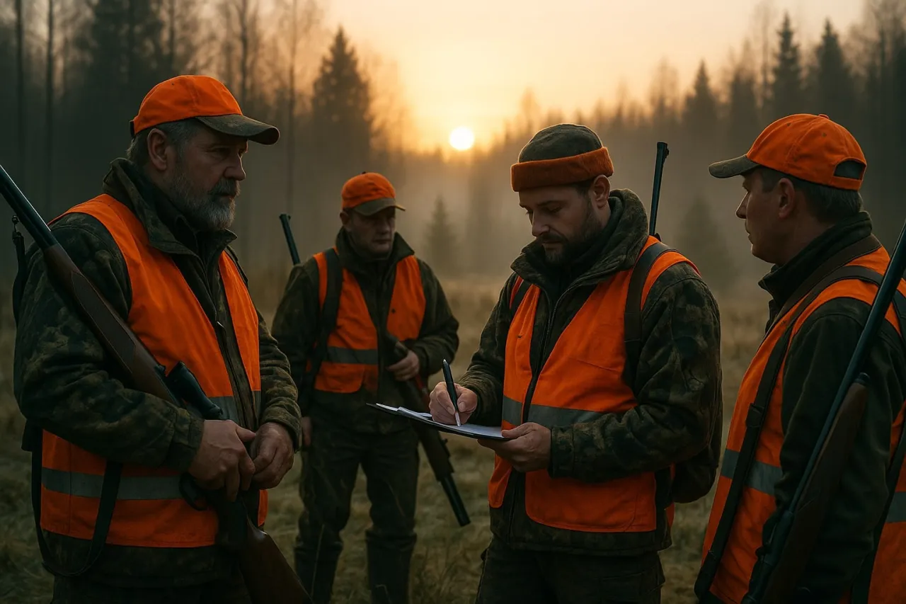 Myśliwi w pomarańczowych kamizelkach dyskutują o tym, czy indywidualny myśliwy powinien zgłosić polowanie. Wschód słońca nad lasem.