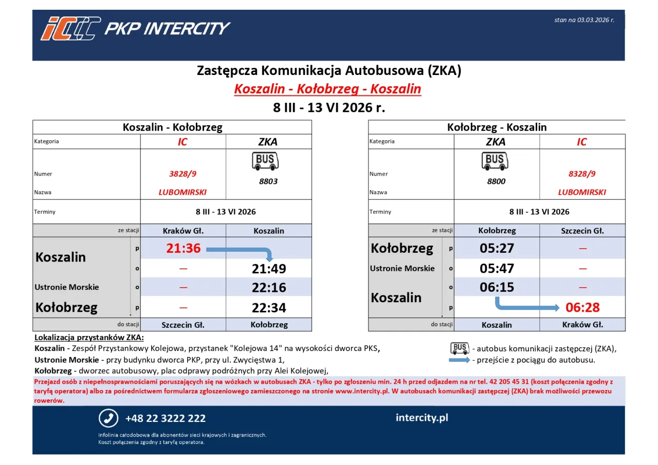 Rozkład jazdy ZKA Koszalin-Kołobrzeg. Informacje jak dojechać do Kołobrzegu pociągiem i autobusem zastępczym.