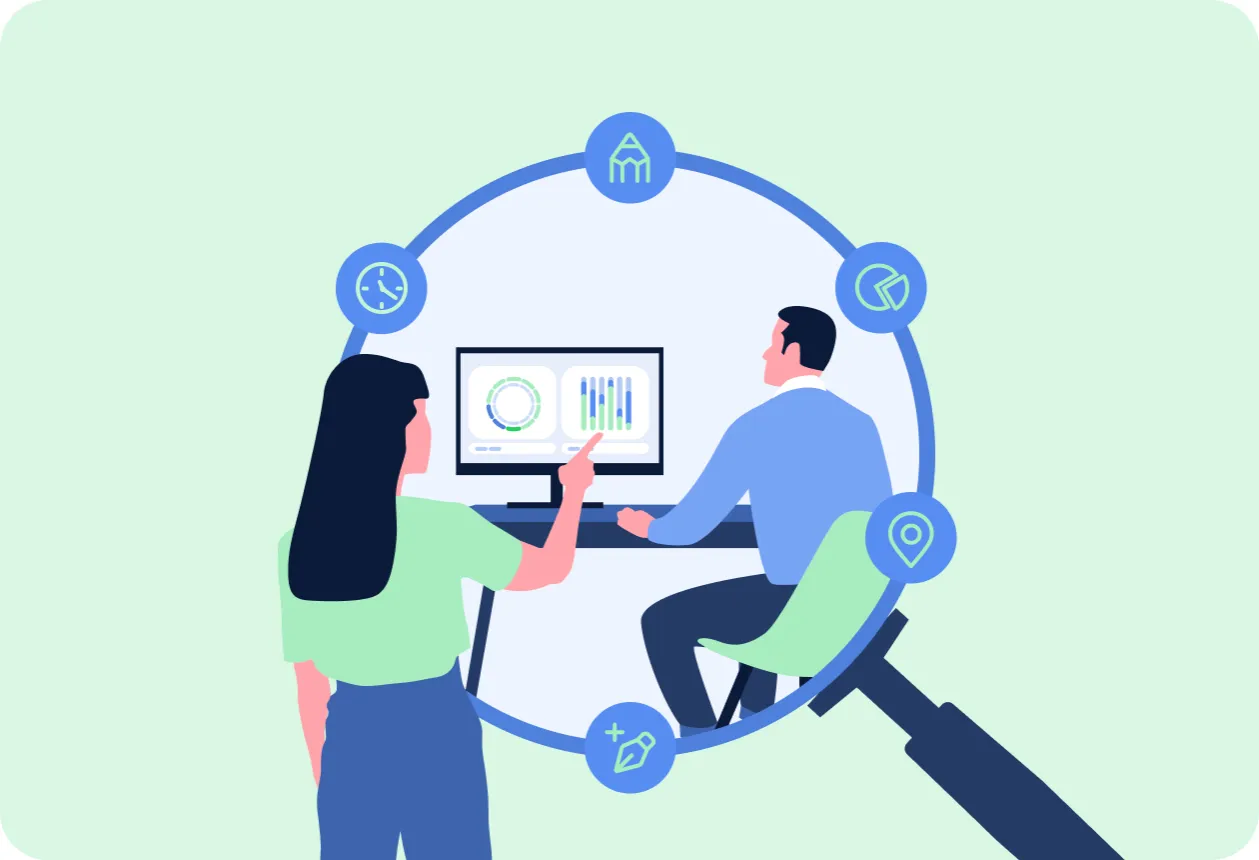 Analiza danych na ekranie komputera. Jak sprawdzić czy komputer jest monitorowany? Ikony symbolizują analizę, czas, lokalizację i inne.