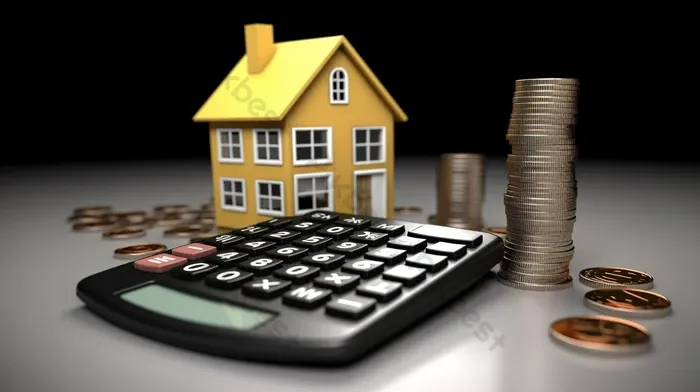 dom z symbolem pieniędzy, kalkulator i klucze