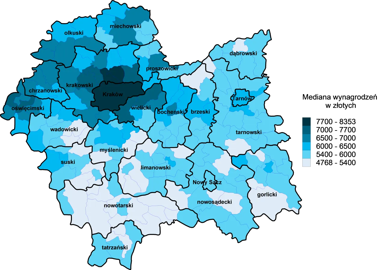 Mapa pokazuje, ile zarabia hydraulik w Polsce, z podziałem na powiaty. Różne odcienie niebieskiego oznaczają przedziały wynagrodzeń.