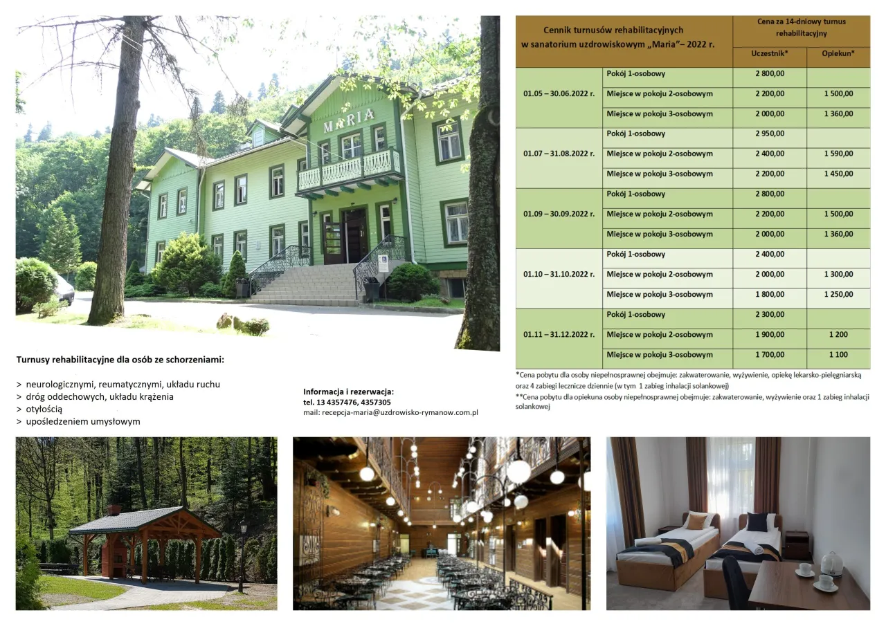 Sanatorium Maria w Rymanowie-Zdroju oferuje prywatne turnusy rehabilitacyjne. Cennik i oferta dla osób szukających wypoczynku i zdrowia.