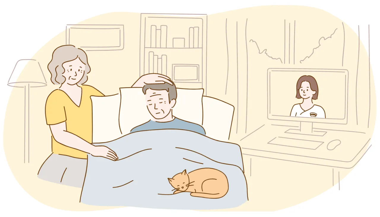 Smutna rodzina modląca się przy łóżku chorego