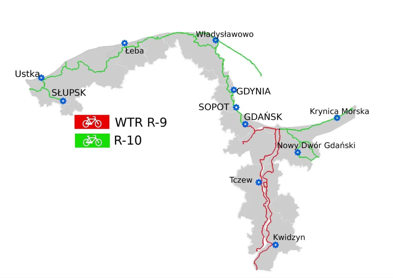 Mapa tras rowerowych WTR R-9 (czerwona) i R-10 (zielona) wzdłuż wybrzeża i w głąb lądu, z zaznaczonymi miastami jak Gdańsk, Gdynia, Słupsk.