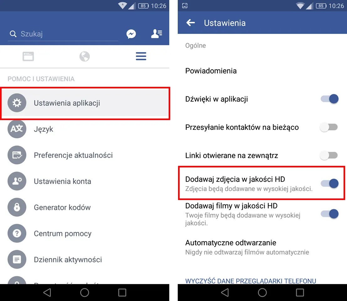 Facebook ustawienia przesyłanie HD w aplikacji mobilnej